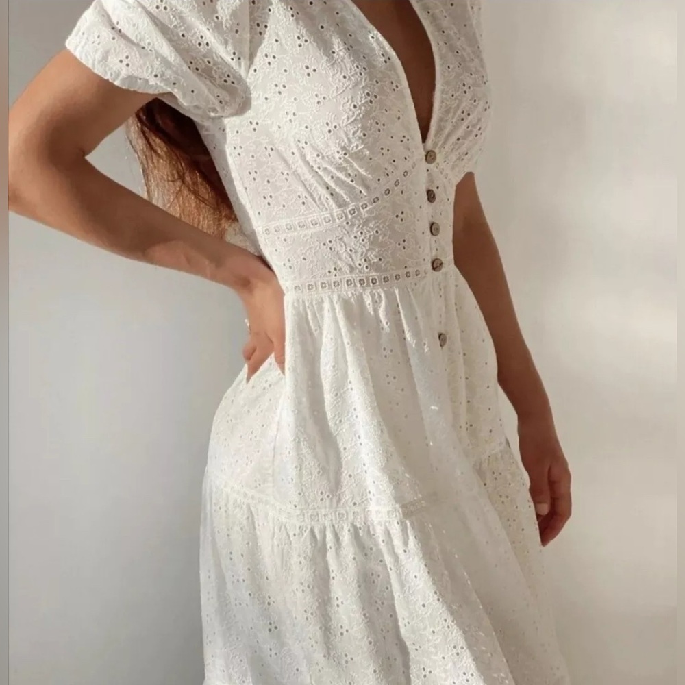 Zara White Lace Eyelet Boho Coastal Cottagecore Prairie Midi Dress Size Large - Picture 6 of 17